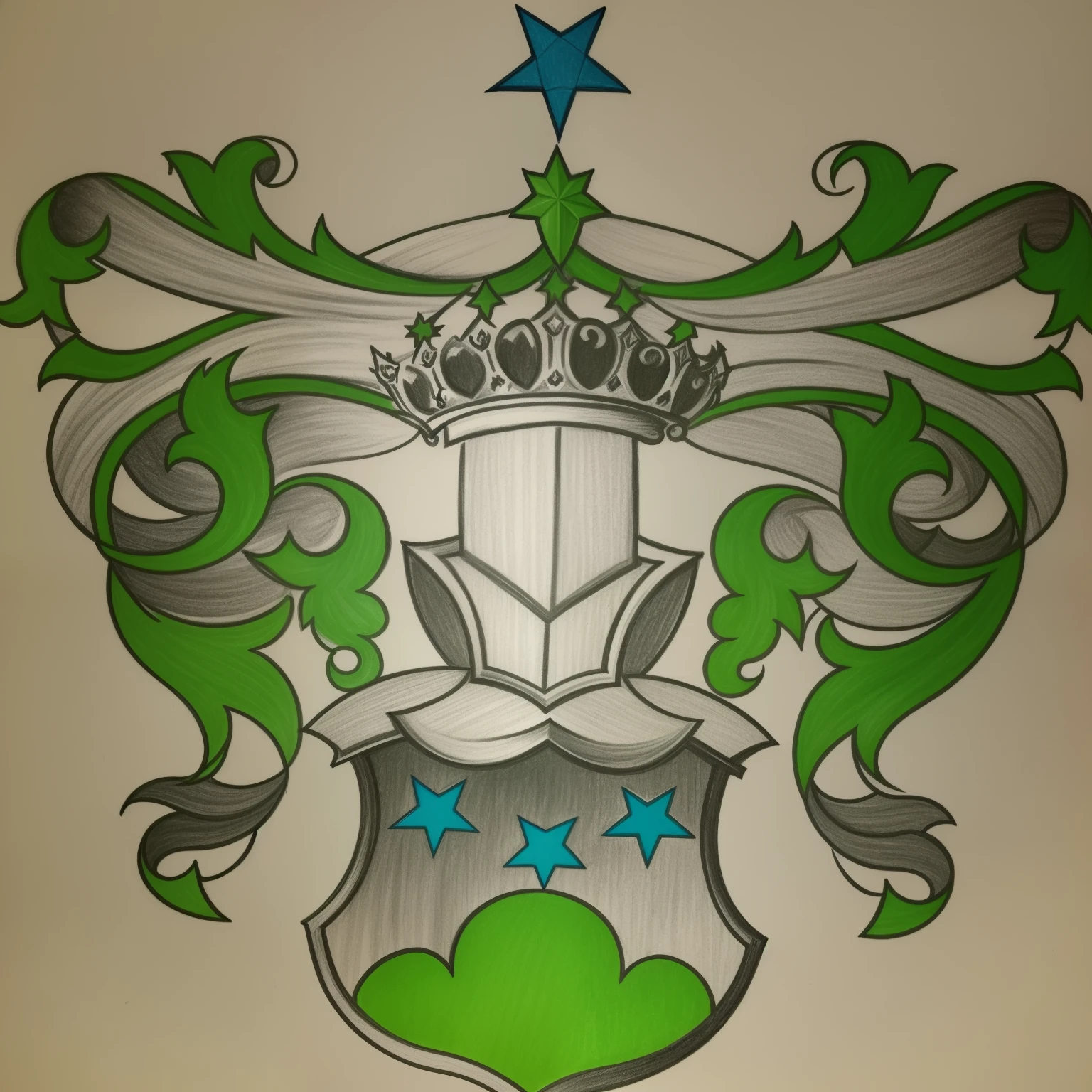 drawing of a coat of arms with a crown and a star, family crest, heraldry, coat of arms, full color drawing, colored illustration for tattoo, shield design, tattoo design, added detail, complex shading, colored sketch, concept tattoo design, high quality colored sketch, colored illustration, fully colored, color drawing, detailed shading, with out shading, detailed arms