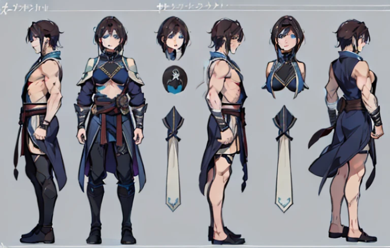 1人, reference sheet, (fantasy character design, front, backboob, side) manly, mage, Magic User, wide shoulders, ah high, lean athletic build. magical blue eyes, long and dark brown hair, neatly kept. flowing runic robes.