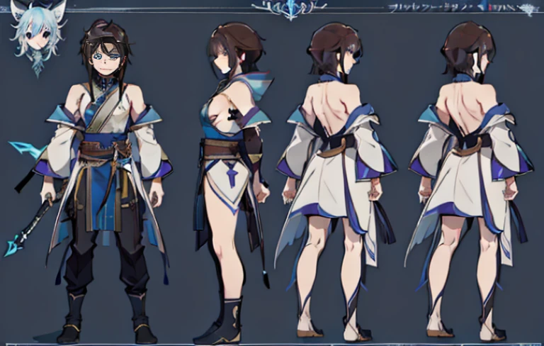 1人, reference sheet, (fantasy character design, front, backboob, side) manly, mage, Magic User, wide shoulders, ah high, lean athletic build. magical blue eyes, long and dark brown hair, neatly kept. flowing runic robes.