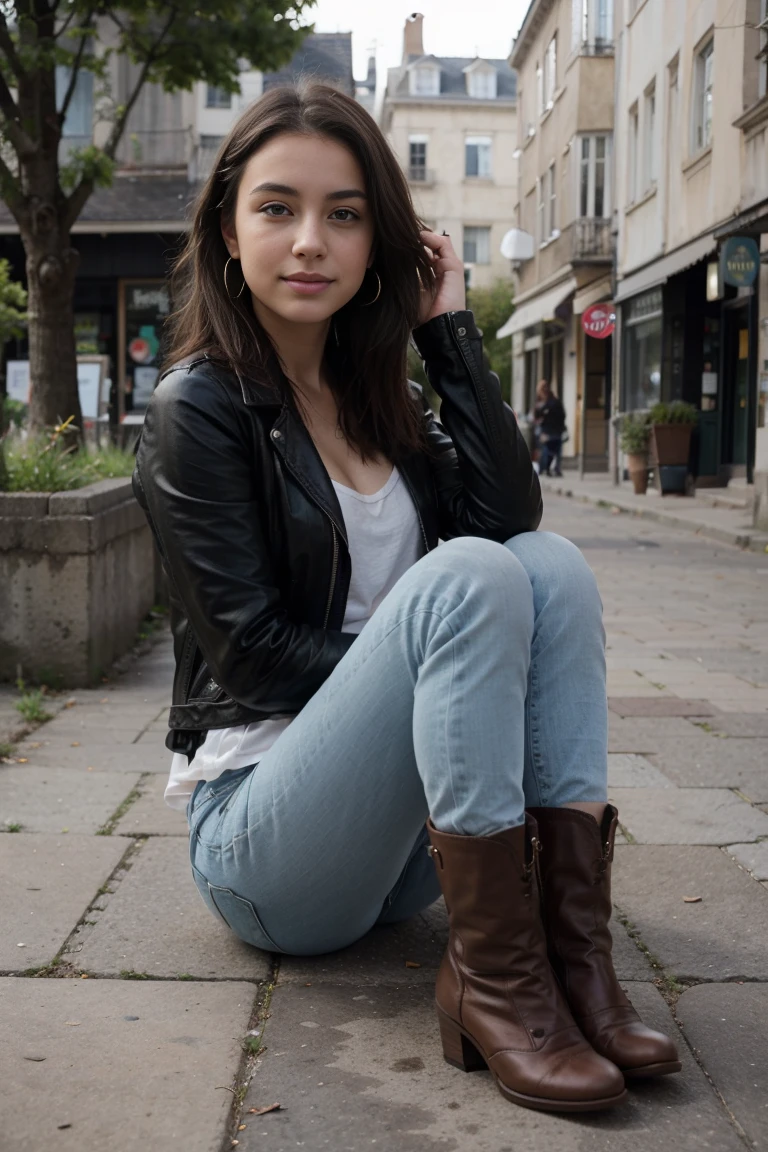 .photo of a 20-year-old brunette woman, Here's a three-nature visa, Thin lips, Thin eyes, thin eyebrows, thin nose, earrings, Long eyelashes fille brune sexy debout dans la rue, elle est de face, On la voit de la tête aux pieds, elle porte une jupe en cuir, des bottes hautes et une veste en cuir bleue, Elle regarde la caméra, Elle sourit.