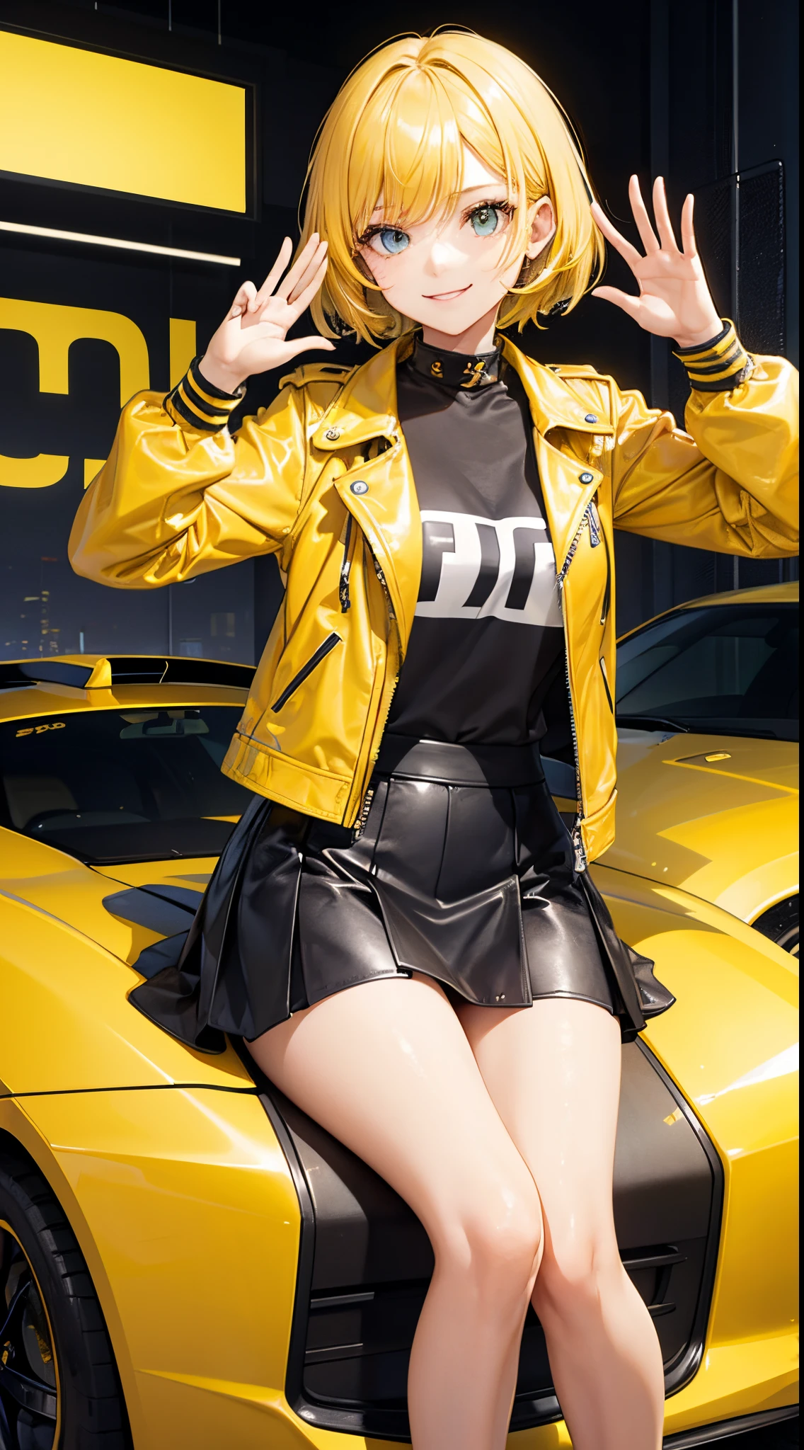 master piece,best quality, Solo lady,24 year old, beautiful eyes,cute, sitting, yellow leather jacket, T-shirt, yellow color tight skirt, shy smile, yellow color hair, short hair, flipped hair, waving in a strong wind hair, driving a yellow sports car