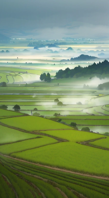Large outdoor terrace,lodge,There are rice fields,Rice fields,There are neat rice seedlings in the field,mist rain,Village,agriculture,in a serene landscape,foggy weather,In the midst of vast tranquil landscapes,in the early morning,Morning fog,Behind a tiny village,Fine Mist,Countryside in Japan,thatch ,hentail realism --v 6
