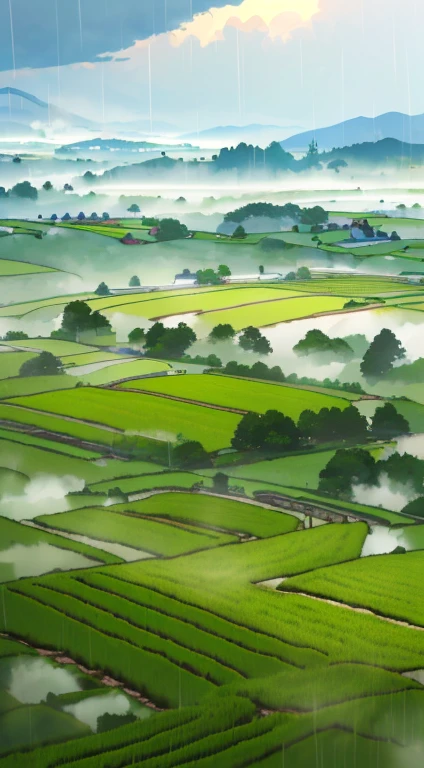 Large outdoor terrace，lodge，There are rice fields，Rice fields，There are neat rice seedlings in the field，mist rain，Village，agriculture，in a serene landscape，foggy weather，In the midst of vast tranquil landscapes，in the early morning，Morning fog，Behind a tiny village，Fine Mist，Countryside in Japan，thatch ，hentail realism --v 6