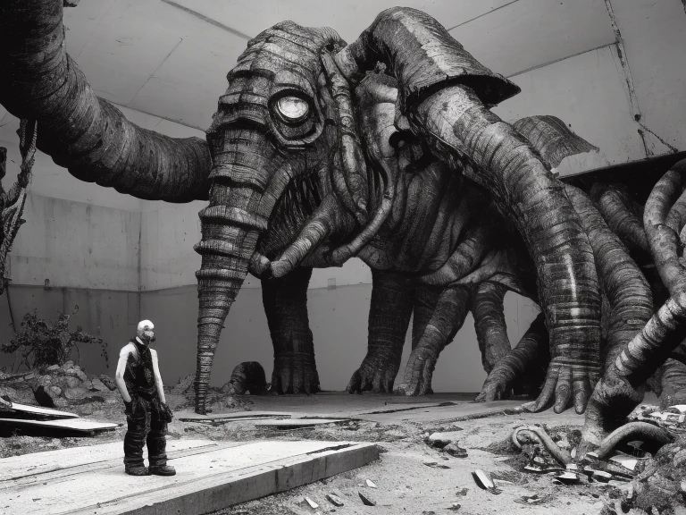 extensive, gigantic, decrepit landscapes, covered with large pipes and cables, buried under cables, low key light, Heavy black and white, Giant-Coarse-Organic, Monster Creatures,  OrganicBiomArt