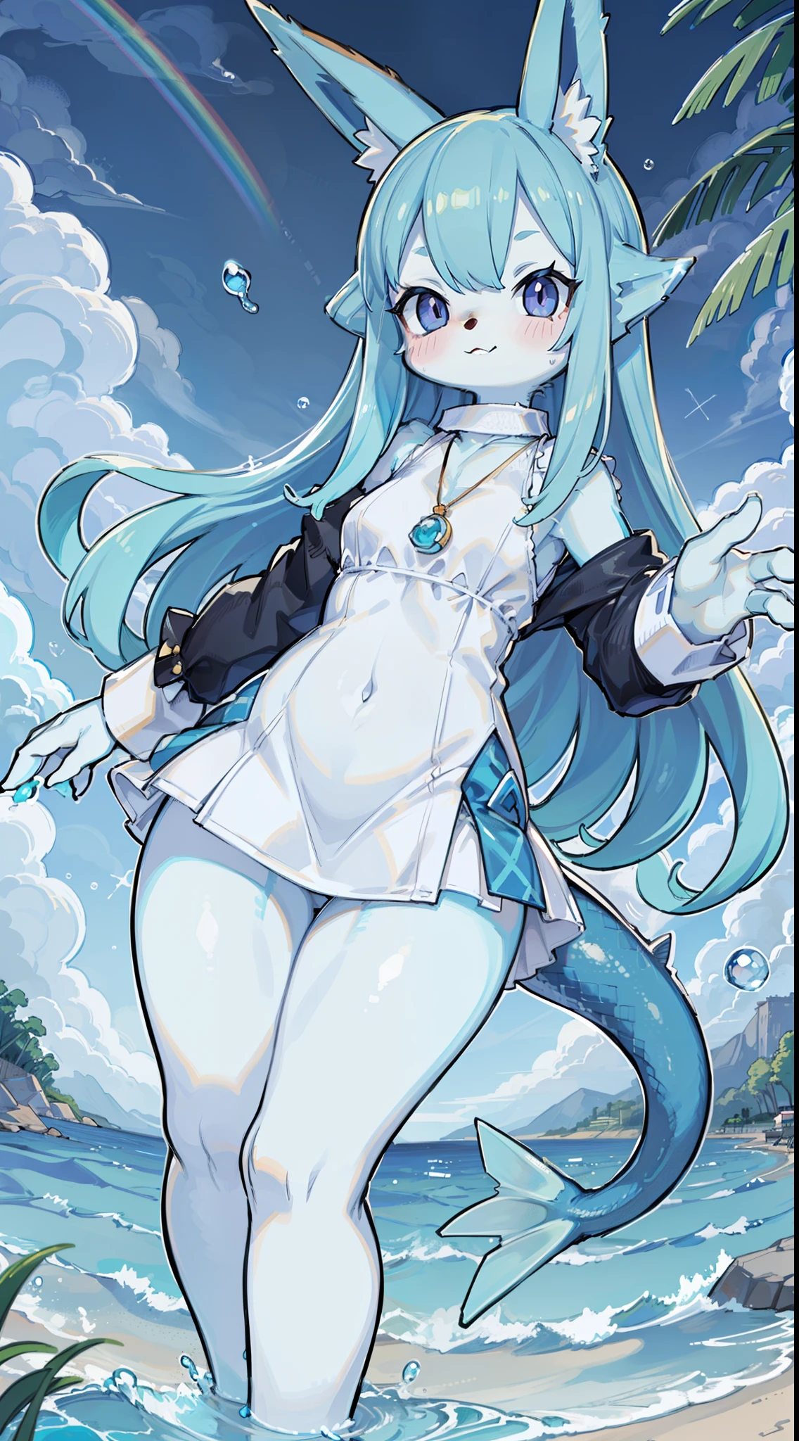 masterpiece, best quality, HD, ultra-detailed, vivid colors, Pokémon Vaporeon, Blue Eevee, Water pokemon, Shiny pokemon, (furry:1.35), humanoid, humanization, anthropomorphic, on 2 legs, beautiful detailed purple eyes, big purple eyes, Sea and beach environment, water palette, blue fish tail and thin mermaid (white ears), ((white inside ears)), detailed (deep heavy blue) hair color, beautiful ((long hair)), ((detailed long [yellow dress|white dress:1.5] )), ((white cloth neckband decoration, blue water color pendant)), shiny rainbow soap bubbles floating around, Action funny Pose
