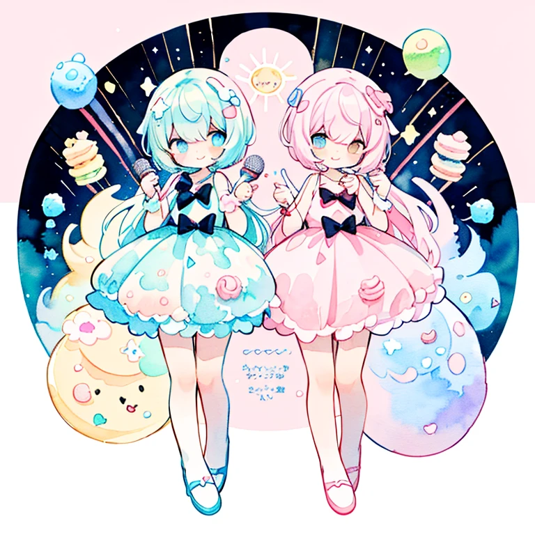 (Color: pastel colors: 1.5), (cute illustration: 1.5), (watercolour: 1.2), Pink background, Girl, full - body, Smile, pale pink, My, Marble, Colorful, Bubbles, bubble, rainbow, invincible, idol, light particles, Ichibana star, Love, scarecrow, macaroon, microphone