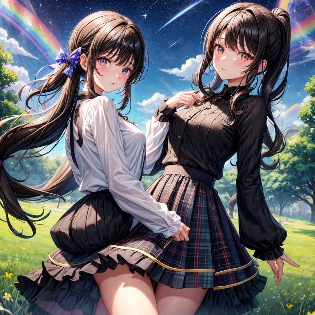 Black brown hair、poneyTail、verd s eyes、one good looking girl、独奏、animesque、lightly dressed、Plaid miniskirt、a black T-shirt、grass field、fullmoon、Meteor swarm、Glittering starry sky、rainbow butterfly flying、Colorful marbles