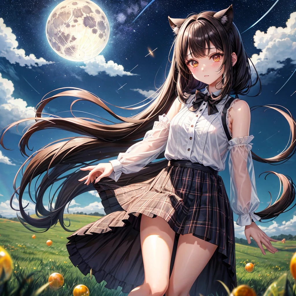 Black brown hair、poneyTail、verd s eyes、one good looking girl、独奏、animesque、lightly dressed、Plaid miniskirt、a black T-shirt、grass field、fullmoon、Meteor swarm、Glittering starry sky、rainbow butterfly flying、Colorful marbles