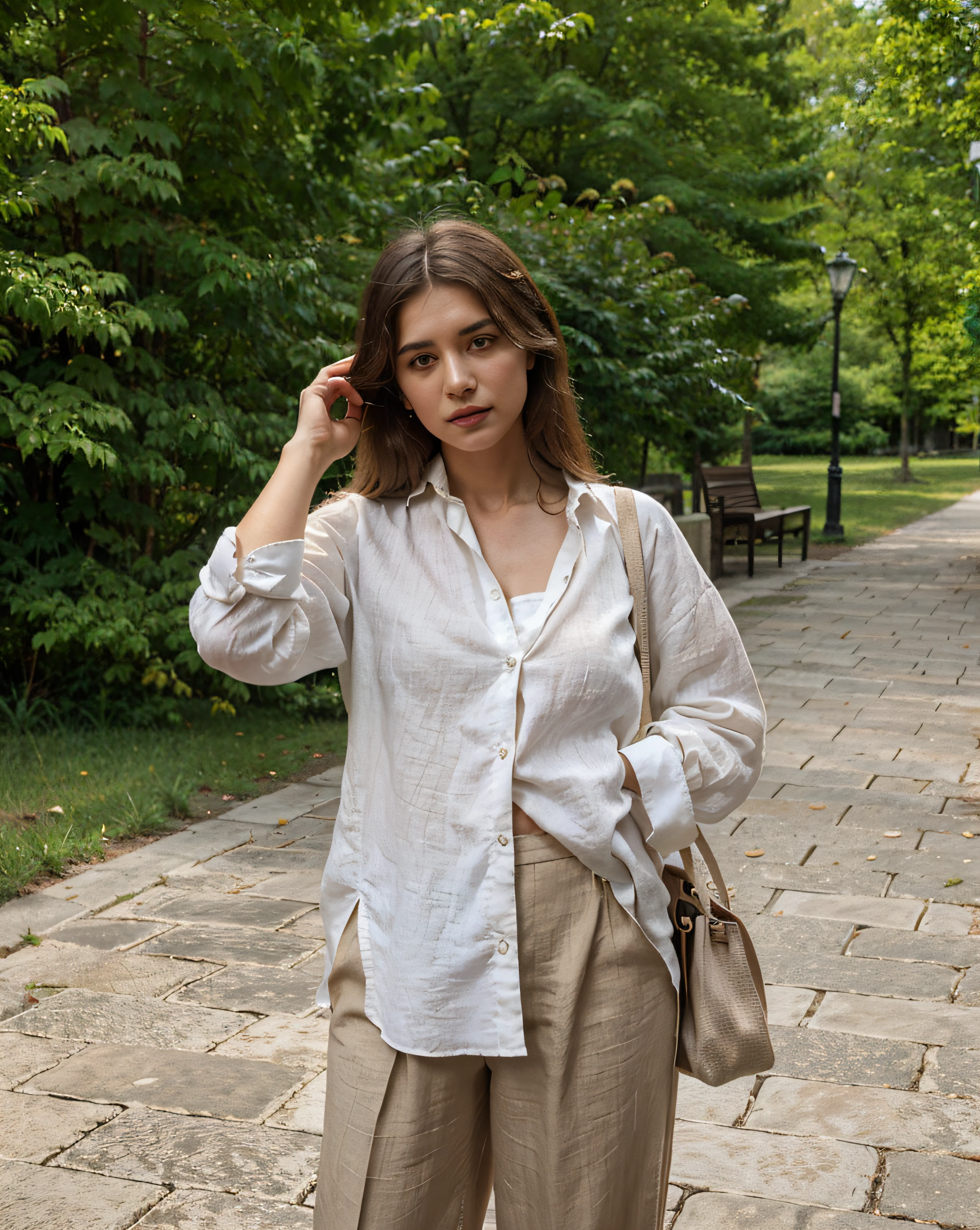 araffe woman in white shirt and brown pants standing on sidewalk, wearing a linen shirt, wearing a white button up shirt, wearing a white blouse, white wrinkled shirt, alina ivanchenko, wearing a blouse, Hannah Stein, wearing white clothes, cream colored blouse, wearing elegant casual clothes, anna nikonova, white blouse, ekaterina