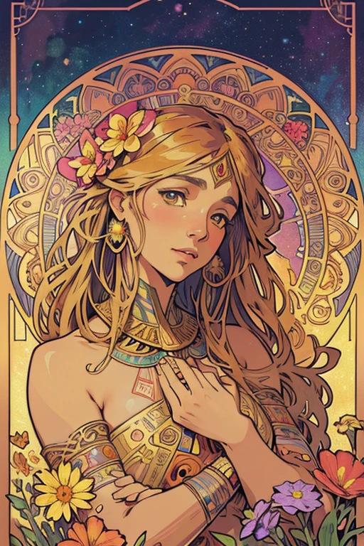 master piece, Egypt, Flower frame, Many kinds of flowers, Interstellar background, Clouds, Decorative panel, Abstract realism, Art, Alphonse Mucha (hight resolution: 1.4), more detailed, color splashes, line art, bright colours, lots of flowers