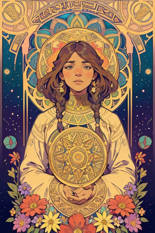 master piece, Egypt, Flower frame, Many kinds of flowers, Interstellar background, Clouds, Decorative panel, Abstract realism, Art, Alphonse Mucha (hight resolution: 1.4), more detailed, color splashes, line art, bright colours, lots of flowers