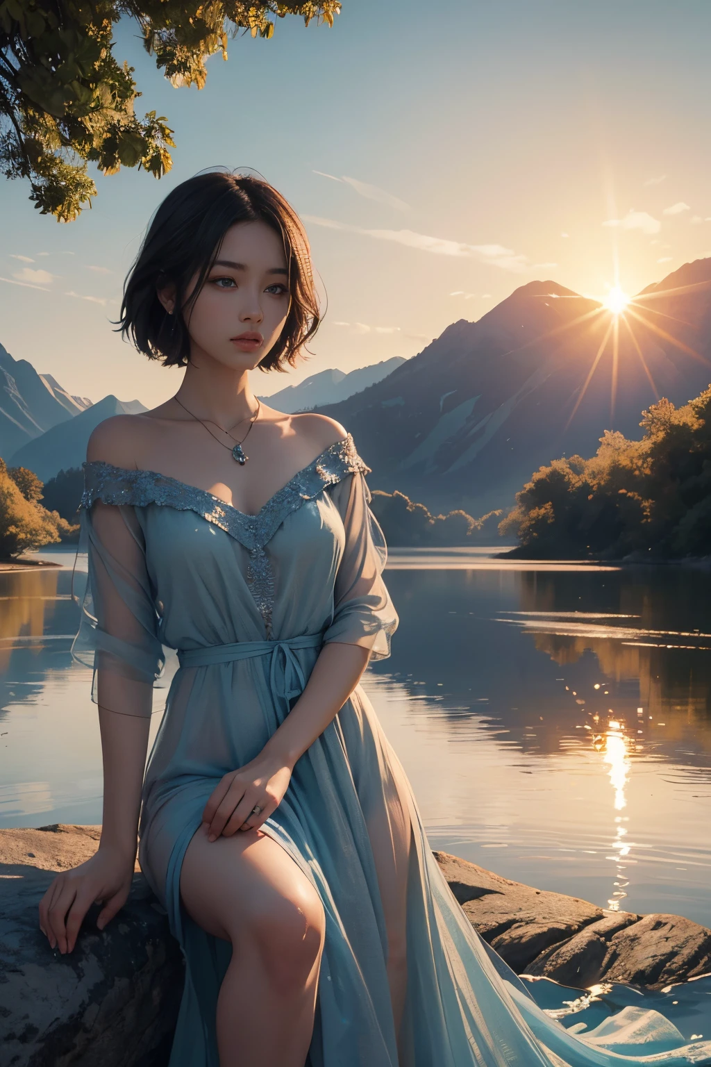 1 girl, dark skin, serene expression, mesmerizing blue eyes, short hair, flowing dress, poised posture, porcelain skin, subtle blush, crystal pendant
BREAK
golden hour, (rim lighting):1.2, warm tones, sun flare, soft shadows, vibrant colors, painterly effect, dreamy atmosphere
BREAK
scenic lake, distant mountains, willow tree, calm water, reflection, sunlit clouds, peaceful ambiance, idyllic sunset, ultra detailed, official art, unity 8k wallpaper
, zentangle, mandala