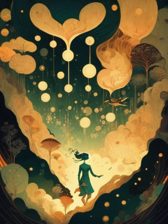 Painting by Victo Ngai, showing a woman and a man walking through the forest against the sky.