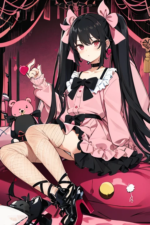 Masterpiece, Best Quality, (Jirai_Kay),1girl, 独奏, Long_Hair, olhando_at_Viewer, Shirt, black_Hair, Long_Sleeves, bow, band, twintails, sitting, Monochrome, Hair_bow, Heart, pantyhouse, frills, food, Shoes, Choker, blunt_Bangs, black_upskirt, Pink_eyes, stuffed_toy, Pink_Background, stuffed_animal, frilled_upskirt, Pink_bow, (fishnets), candy, plaster, Pink_Shirt, teddy_bear, Lollipop, (fishing net_pantyhouse), platform_footwear, Pink_subject, tablet, heart-shaped pupils,