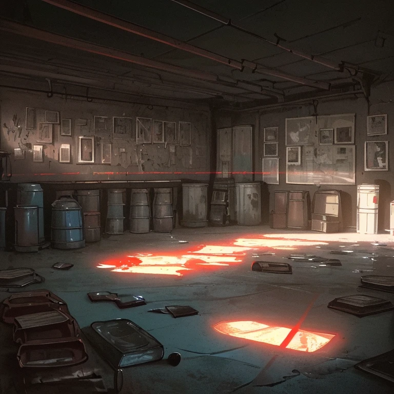 (best resolution),(Masterpiece), (Better shading),(Huge detail),very white van with headlights on in the parking lot, wet floor reflects light, on the stage (dirt on the floor, Some old torn papers, Rusty cans, rusty shelves (with plastic containers, Pots and tattered books), old posters, broken on the walls, cracks in the walls,, Gray pipes on the walls, very bright red neon lamp, some cables, stretched across the room, ((very dark night lighting)), ((Shadows with high contrast)), dark bluish image