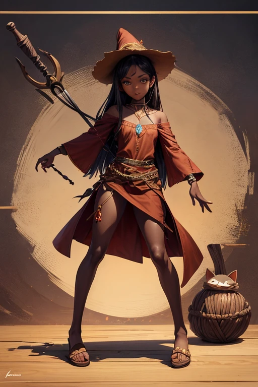 precise and sharp, original character, filipina witch, no hat, brown clothes, small voodoo doll, dark skin, vandana, full body, feet with brown wooden slippers,