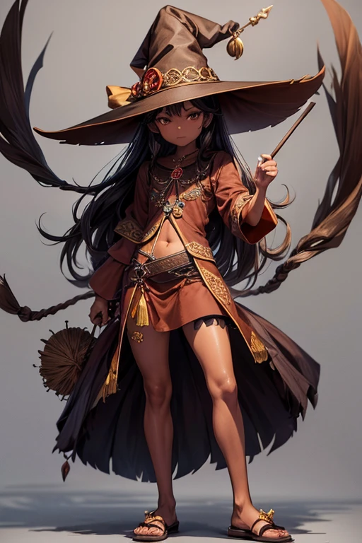 precise and sharp, original character, filipina witch, no hat, brown clothes, small voodoo doll, dark skin, vandana, full body, feet with brown wooden slippers,