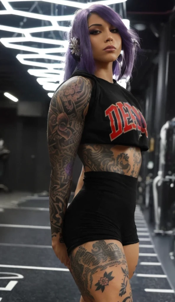 a close up of a woman with purple hair and tattoos, tattoo sleeve on her right arm, fully tattooed body, detailed arms, inked, detailed upper body, tattooed body, photograph of a sleeve tattoo, intricate upper body, full upper body, full body tattoo, arms covered in gang tattoo, with tattoos, full - body tattoos, full-body tattoos, profile image