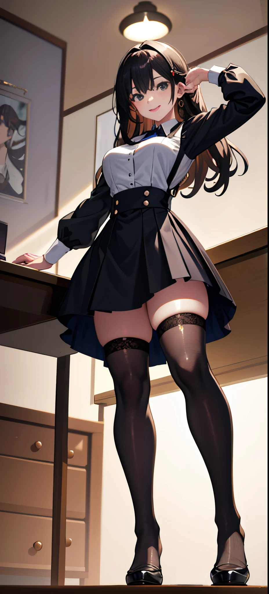 1girl in、A smile、A delightful!　The shirt、skirt by the、（small tits）pinafore、doress、( hair adornmentend over)) 、under the desk 、 beatiful ass , black long hair , ((black stockings)) , 25 years old , beatiful feet , sexy feet , ( lifting the skirt ) , sexy legs , brunette , big tits