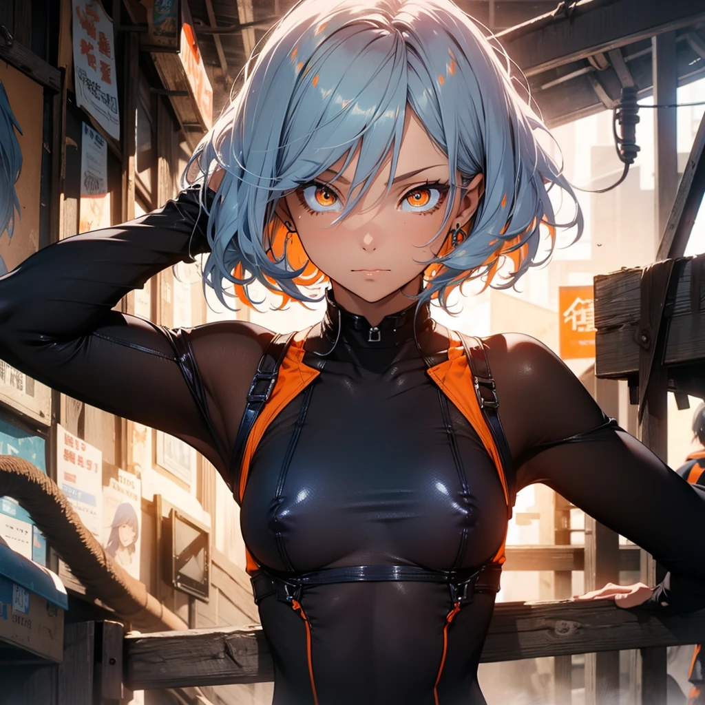 light blue hair, short hair, (orange Eyes:1.5), (medium breasts:1.5) (erectile nipples:1.1), transparent bodysuit, BREAK outdoors, abandoned building, BREAK looking at viewer, BREAK (masutepiece:1.2), Best Quality, High resolution, Unity 8k壁纸, (Illustration:0.8), (Beautiful detailed eyes:1.6), extra detailed face, Perfect Lighting, extremely details CG, (Perfect hands, Perfect Anatomy),