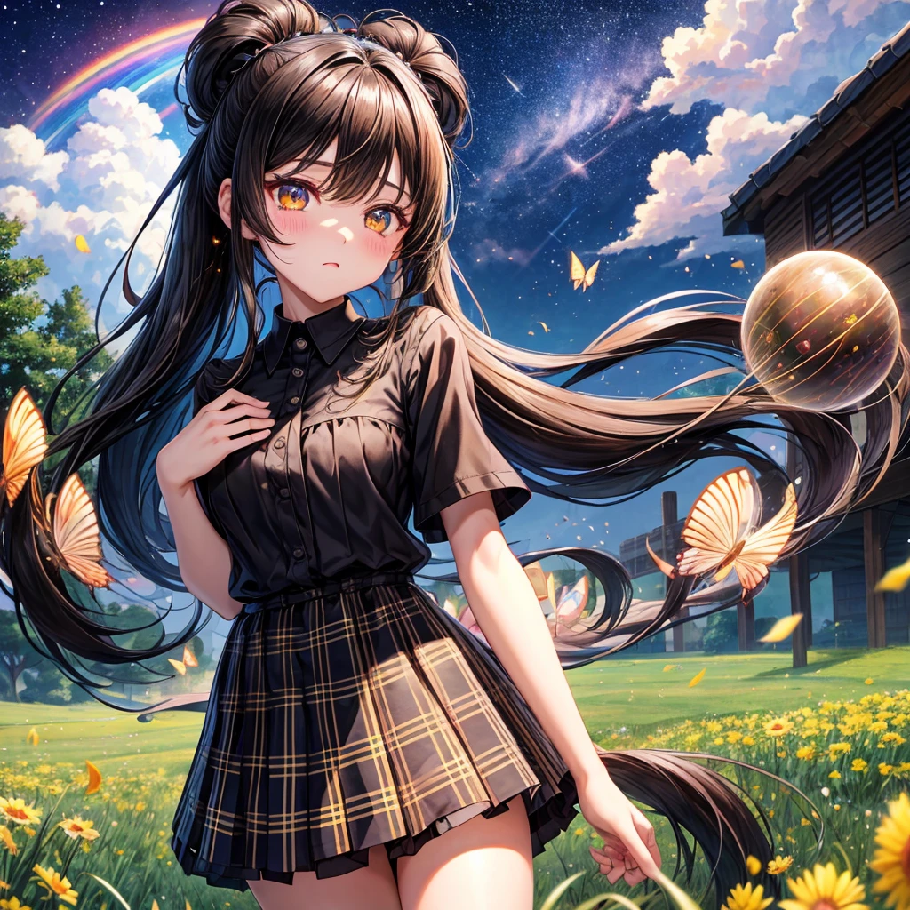 Black brown hair、poneyTail、verd s eyes、one good looking girl、独奏、animesque、lightly dressed、Plaid miniskirt、a black T-shirt、grass field、fullmoon、Meteor swarm、Glittering starry sky、rainbow butterfly flying、Colorful marbles