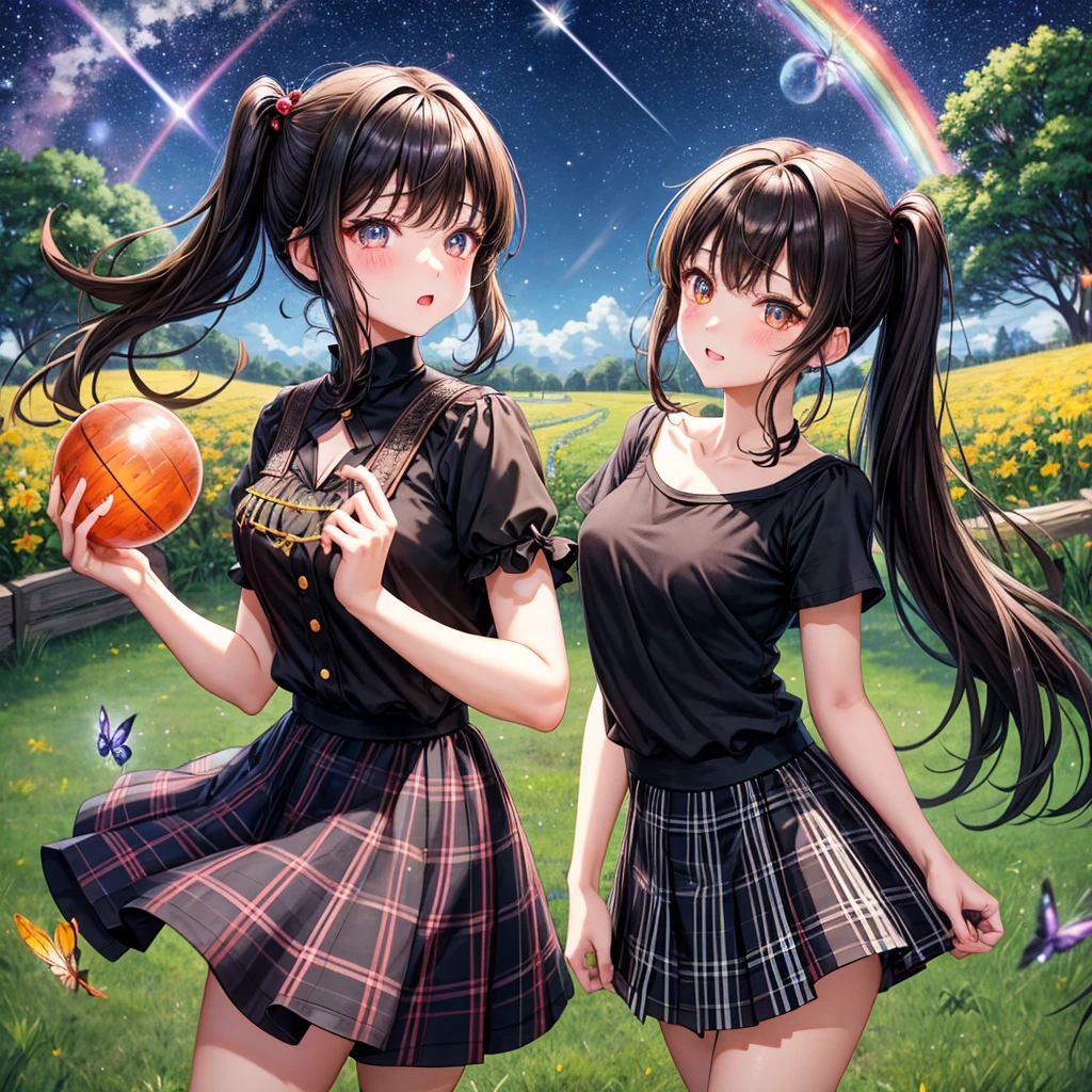 Black brown hair、poneyTail、verd s eyes、one good looking girl、独奏、animesque、lightly dressed、Plaid miniskirt、a black T-shirt、grass field、fullmoon、Meteor swarm、Glittering starry sky、rainbow butterfly flying、Colorful marbles