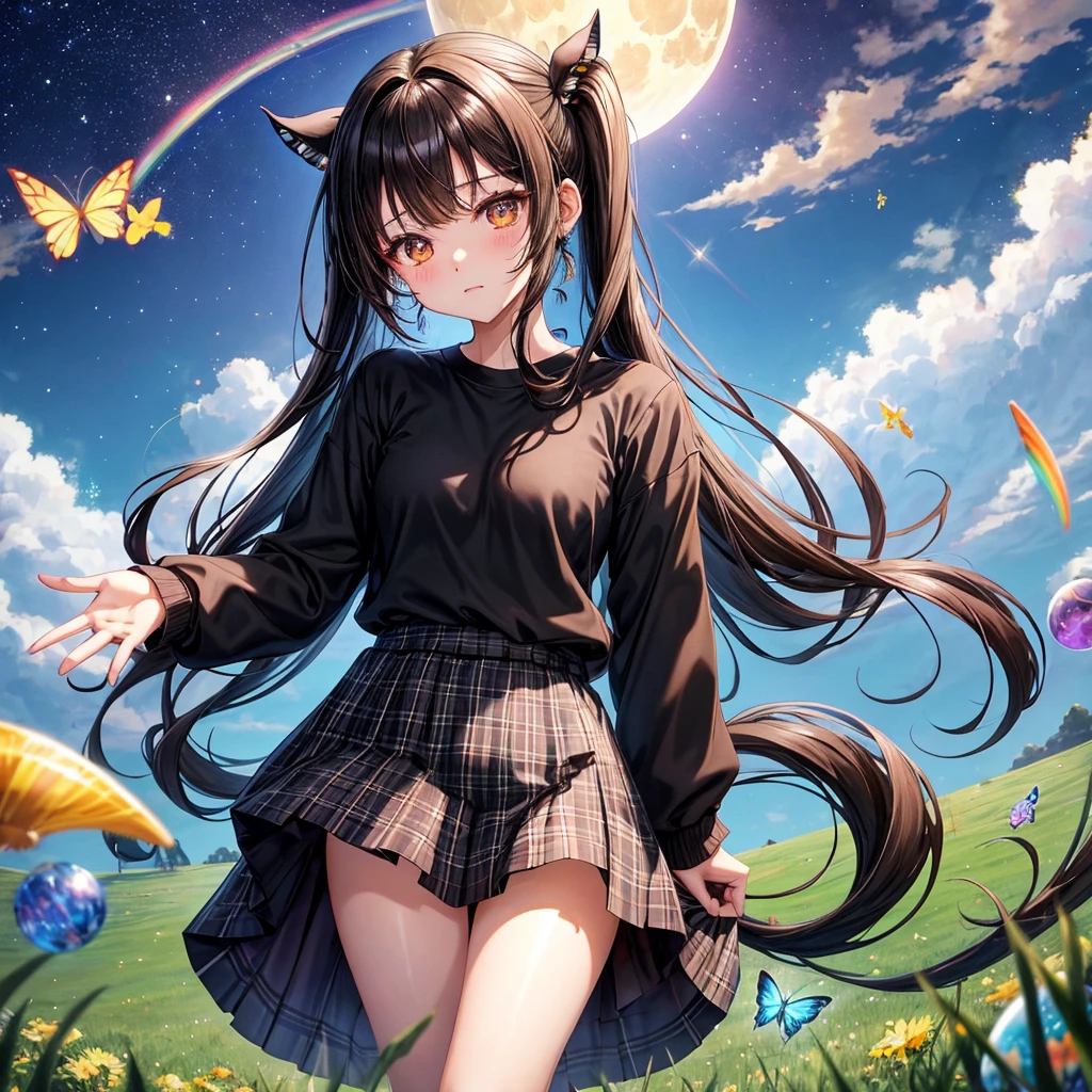 Black brown hair、poneyTail、verd s eyes、one good looking girl、独奏、animesque、lightly dressed、Plaid miniskirt、a black T-shirt、grass field、fullmoon、Meteor swarm、Glittering starry sky、rainbow butterfly flying、Colorful marbles