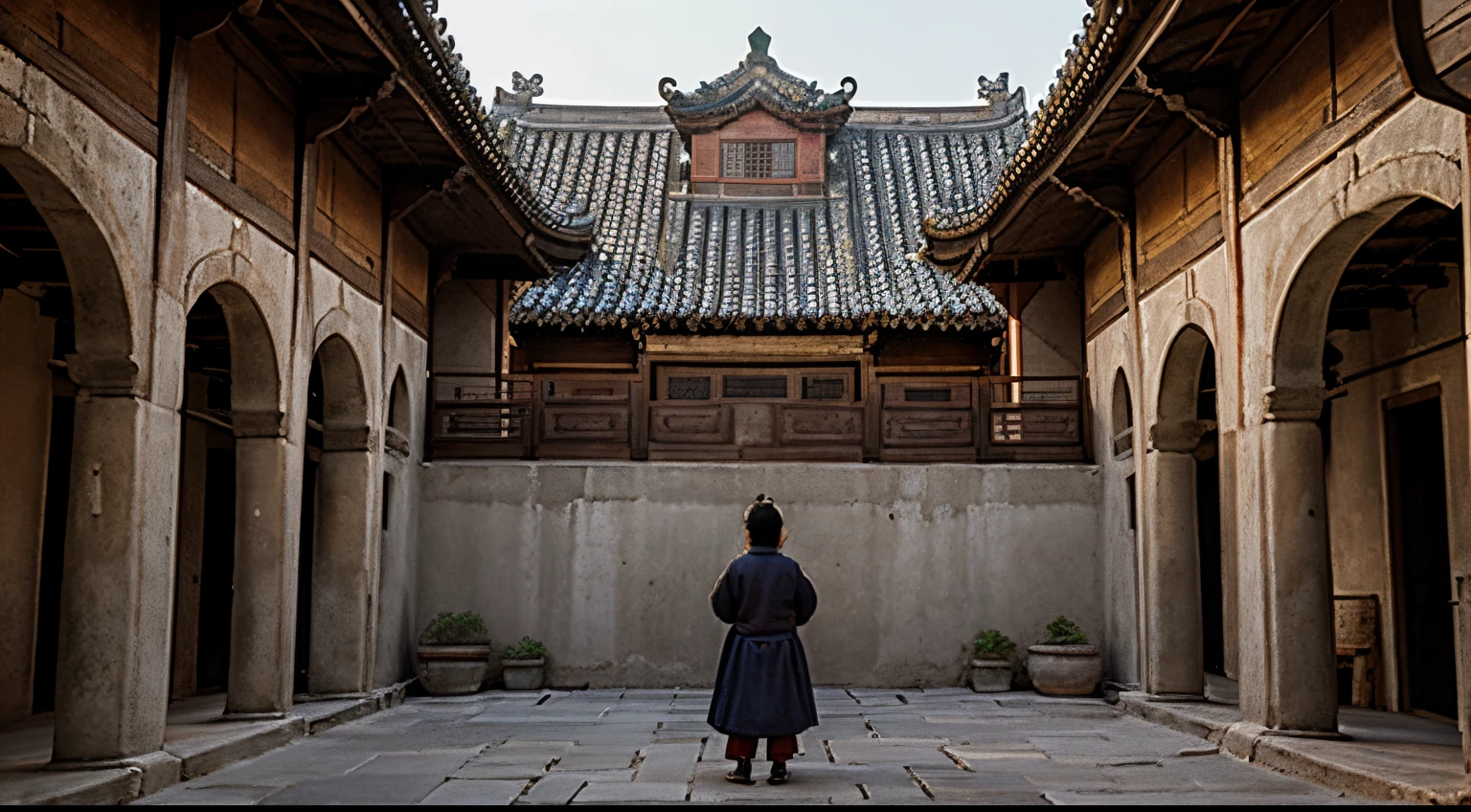 Ming Dynasty period attic, slave's back, standing and looking up in the courtyard