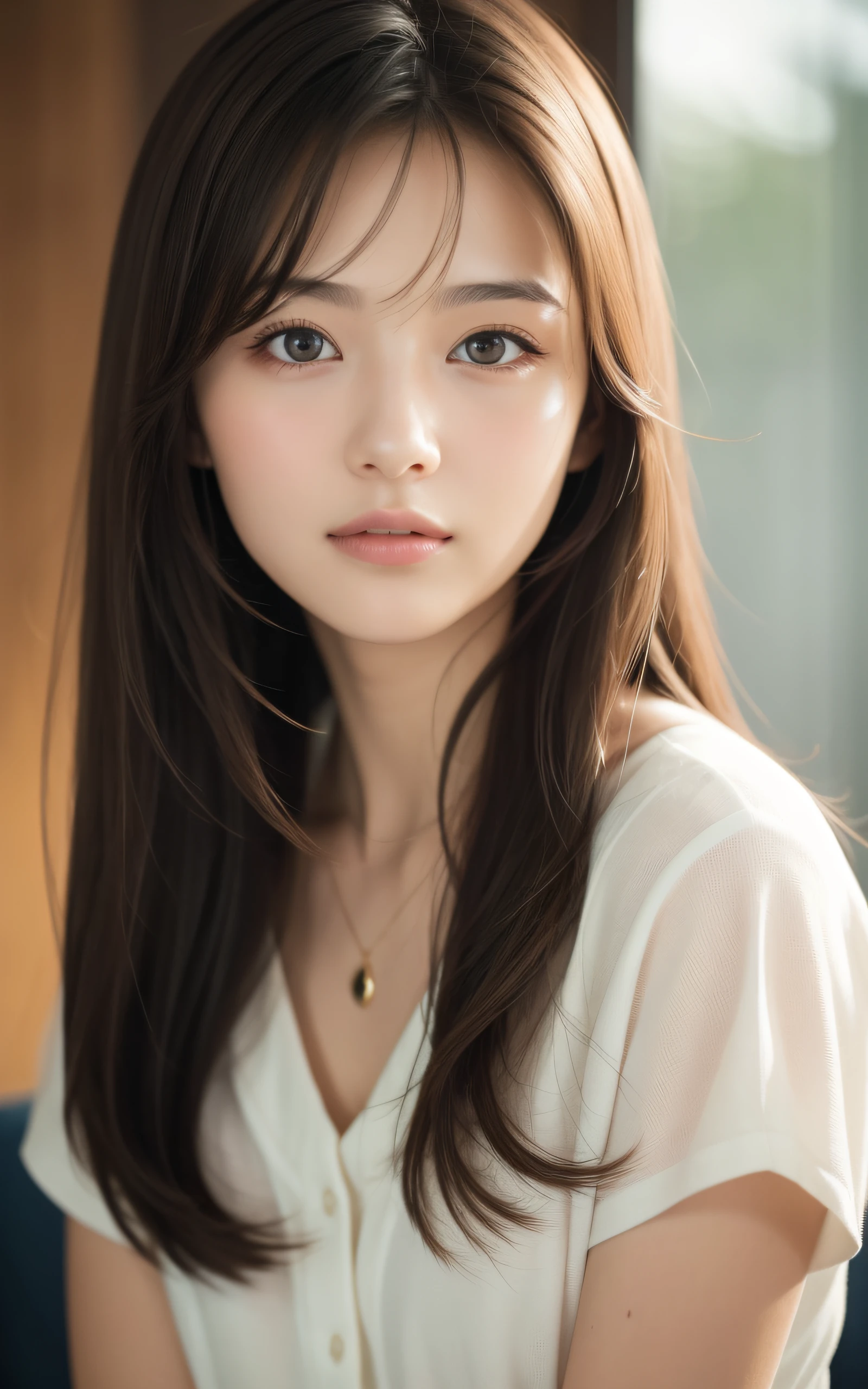 masterpiece, highest quality, 8k, 20th generation, Big Breasts, cute, alone, sad, cute, Girlish, cute、Delicate girl, Pure beauty,  RAW Photos, Professional photography, Portraiture, Soft Light, Professional Lighting, Backlight, Head to knee photo, avert your eyes, Sophisticated, Film Grain, (Round face、Young Face、Thin eyebrows、Thin lips:1.0), Floating Hair, beautiful, Flowing hair, bangs, White blouse、pastel cardigan、(Big Breasts:1.u can see the chest a little、Micro Mini Skirt、Voluptuous thighs、dolly make、Heterochromia iridis、Left and right eyes are different colors、Midsummer sky、Cumulonimbuidsummer Beach