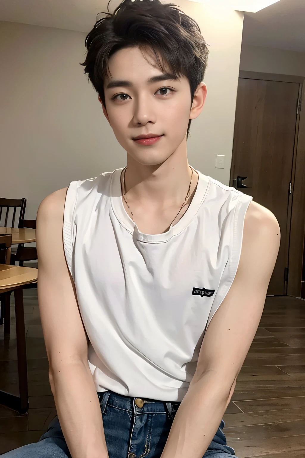 ((top-quality, 8K, masterpiece: 1.3))、cool korean boy, 20yr old、Blonde hair, Well-formed face、Handsome nose、Eyes and faces with detailed、beautiful lighting、(studio)、Ultra High Resolution、(looking looking at viewer)、Detailed mouth、a smile、full bodyesbian: 1.5, perfect body type: 1.photo of both shoulders:1.3, Casual Outfit:1.5