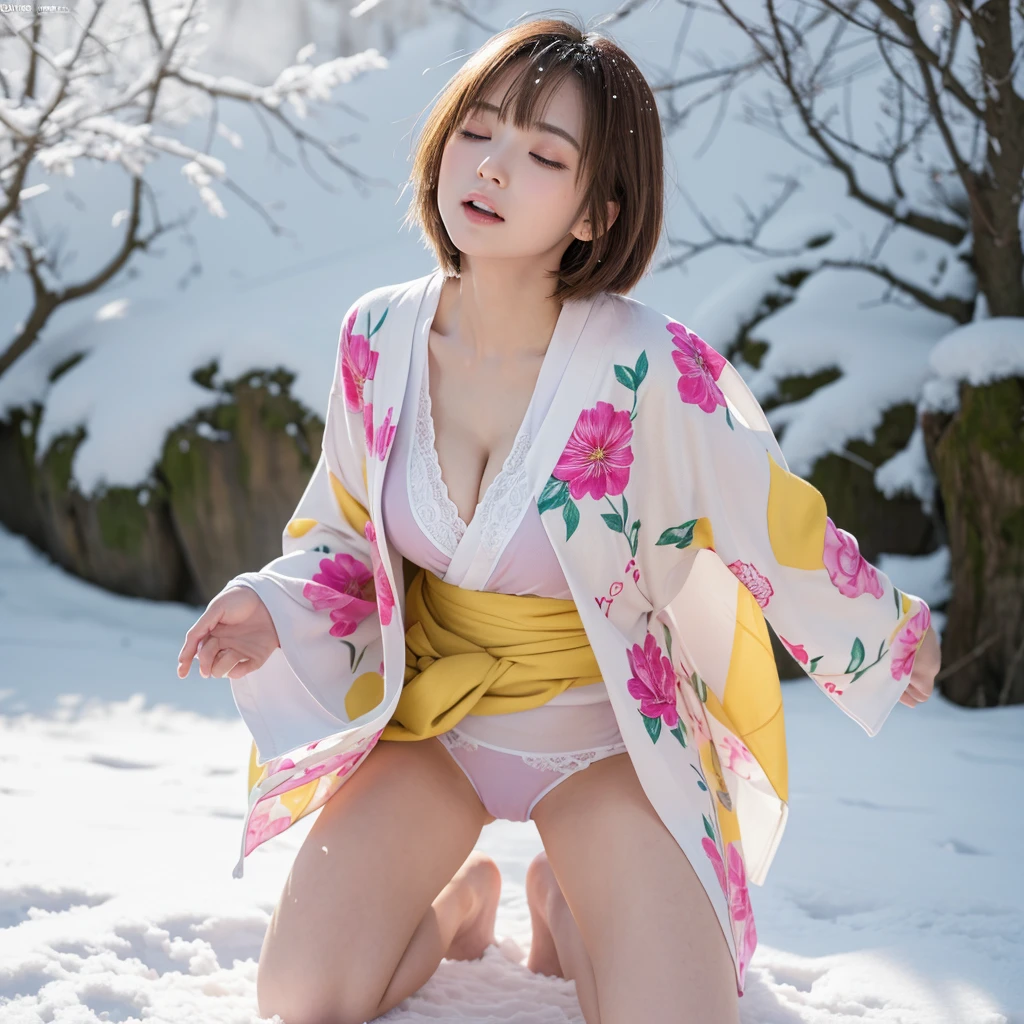 (Colorful kimono)、(top-quality,masterpiece:1.3,超A high resolution),(ultra-detailliert,Caustics),(Photorealsitic:1.4,RAW shooting,)Ultra-realistic capture,A highly detailed,high-definition16Kfor human skin、 Natural Skin Texture、、The skin looks healthy with an even tone、 Use natural light and color,One Woman,japanes,kawaii,a blond,bob cuts、Close your eyes, Yawn with mouth wide open、no-bra、Big big,(depth of fields、chromatic abberation、Wide range of lighting、Natural Shading)、(Snow reflects light:1.1)、Cleavage can be seen through the exposed kimono、Crotch visible through exposed kimono、Kneel, spread your legs and look up、(Hair swaying in the wind:1.2)、 Background with: snow field、Perfect anatomical body proportions with legs spread apart:2.8、small red micro panties、Panty shot from below、Facing forward、 M-shaped legs:2.8、wide open the crotch、Bend your knees、(Legs wide open)、Open your thighs、lift your butt to the limit、Yellow water drips from the crotch