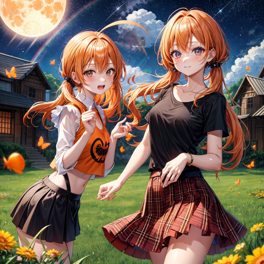 Orange hair、poneyTail、verd s eyes、one good looking girl、独奏、animesque、lightly dressed、Plaid miniskirt、a black T-shirt、grass field、fullmoon、Meteor swarm、Glittering starry sky、rainbow butterfly flying、Colorful marbles