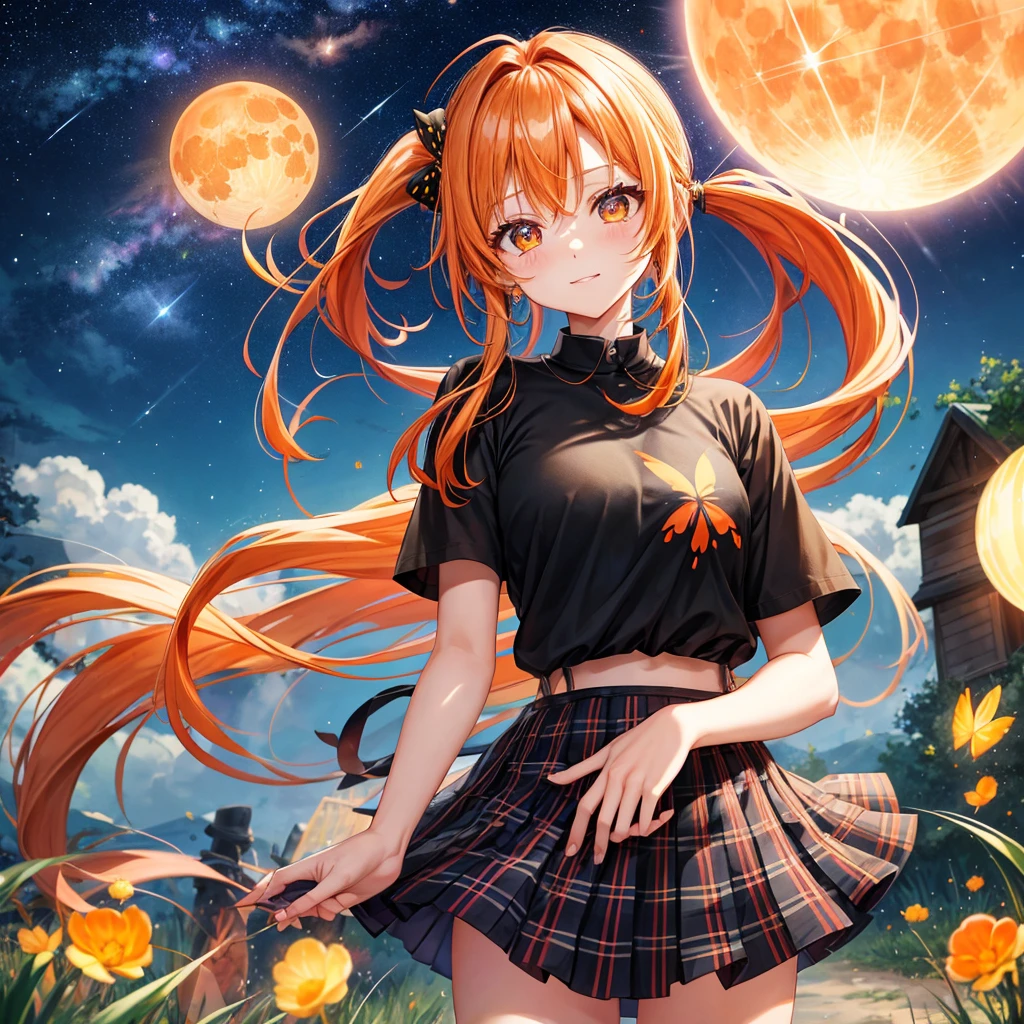 Orange hair、poneyTail、verd s eyes、one good looking girl、独奏、animesque、lightly dressed、Plaid miniskirt、a black T-shirt、grass field、fullmoon、Meteor swarm、Glittering starry sky、rainbow butterfly flying、Colorful marbles