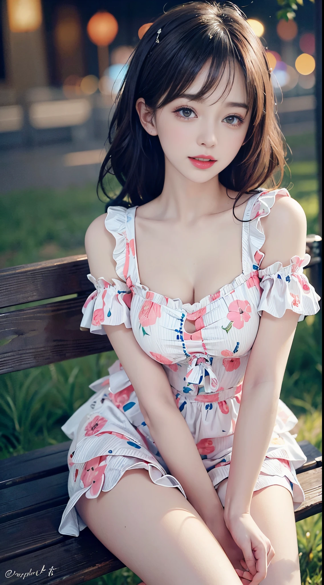 Sweet girly clothes 6,Printed dress, Robbery girls, Redlip, a matural female, cosmetics, largeeyes, beautiful eyes body)), ((Random shooting angle best quality, tmasterpiece:1.2), ultra - detailed, (actual:1.37), The beautiful, youthful, Charming model with (詳細な目, 詳細な唇, extremely detailed eye), white and floral, show a bright smile, Create stunning girl images, a warm color palette, Extremely high color saturation, offcial art,   extremely detaild的 CG unified 8k wallpapers,(HighDynamicRange :1.4), (Cinematic),(pastelcolor,  dull colors,  Soothing tone :1.3), (Natural skin texture, Surreal, softlighting, Sharp),(The is very detailed), the night, rays of moonlight, In an antique pavilion, Sitting on the bench against the guardrail