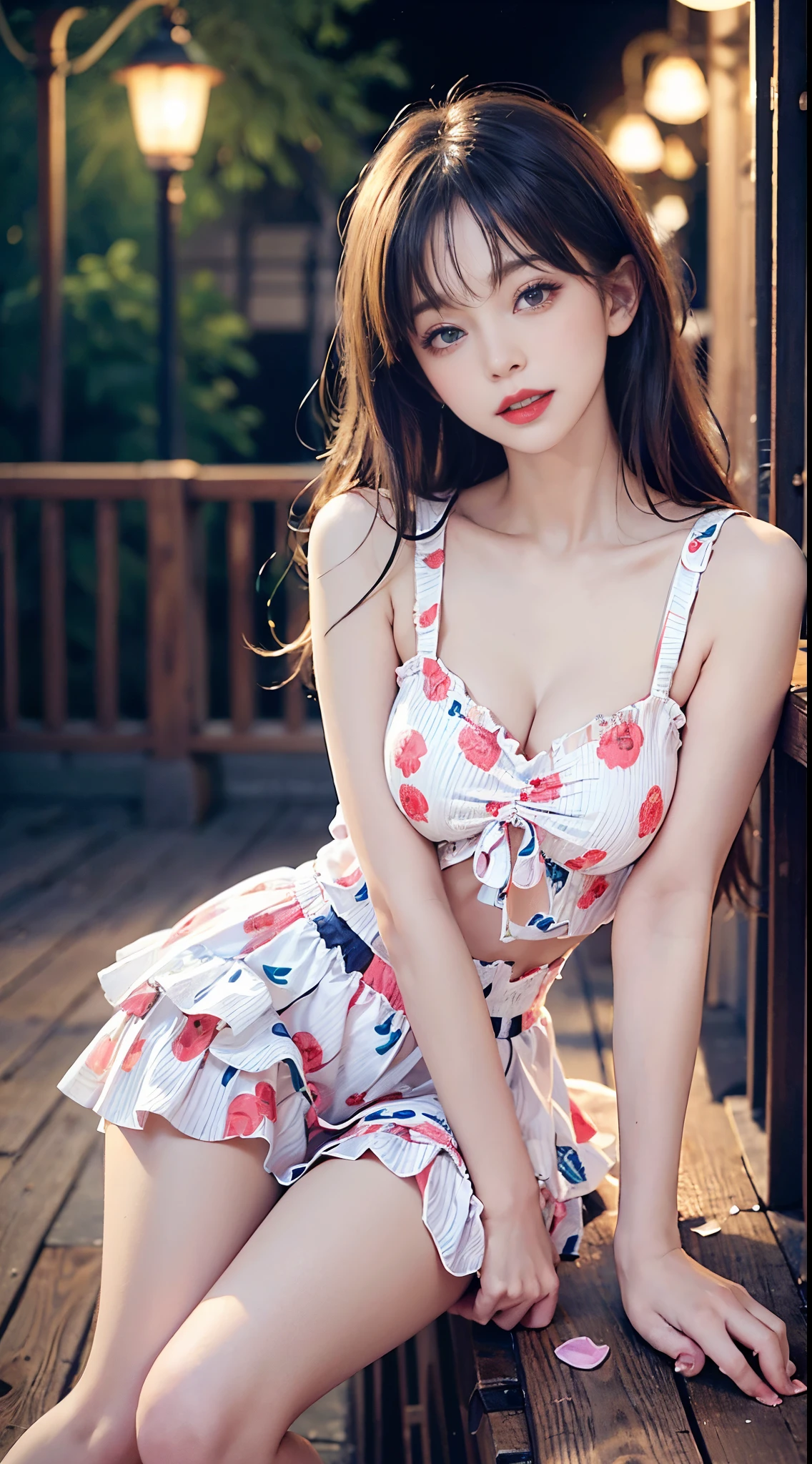 Sweet girly clothes 6,Printed dress, Robbery girls, Redlip, a matural female, cosmetics, largeeyes, beautiful eyes body)), ((Random shooting angle best quality, tmasterpiece:1.2), ultra - detailed, (actual:1.37), The beautiful, youthful, Charming model with (詳細な目, 詳細な唇, extremely detailed eye), white and floral, show a bright smile, Create stunning girl images, a warm color palette, Extremely high color saturation, offcial art,   extremely detaild的 CG unified 8k wallpapers,(HighDynamicRange :1.4), (Cinematic),(pastelcolor,  dull colors,  Soothing tone :1.3), (Natural skin texture, Surreal, softlighting, Sharp),(The is very detailed), the night, rays of moonlight, In an antique pavilion, Sitting on the bench against the guardrail