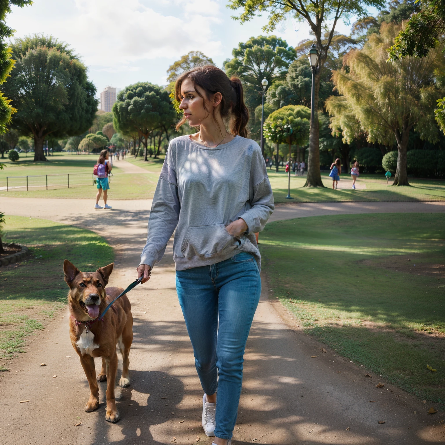 mulher passeando com seu cachorro em um parque com pessoas ao fundo, Caminhando no Parque, em um parque da cidade, Parque em segundo plano, em um parque, no Parque, no parque, com um parque ao fundo, em um parque, Jenna Barton, Katey Truhn, In the background, Divirta-se, no parque em um belo dia