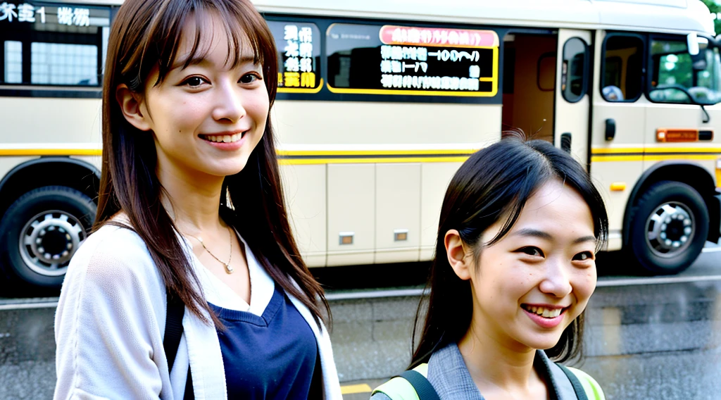 8k RAW photo, Photorealistic:1.37), 1girl in, lightsmile, Long hair, One,bus guide,Sightseeing bus in Japan,The background is a tourist spot,japanes