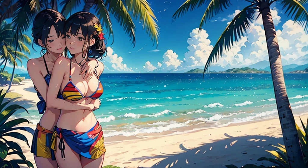 ​masterpiece、top-quality、超A high resolution、 [ 4 k digital art ]!!、 8k high quality detailed art、Wallpaper、 Detailed Digital Anime Art、Realisticity、Cinema Angle、hposing Gravure Idol、(((Two beautiful girls)))、((Hug your partner from behind))、cute  face、 ((Detailed depiction of a beautiful face))、kindly smile、年轻、Bikini swimwear、Photorealistic perfect body、(Bold ethnic patterns wrapped around the waist and skirt and plenty of primary colors)、light Particle、llight rays、Tropical、Against the background of palm trees on both sides、on a sunny beach、Against the background of the sea、blur backgroun、