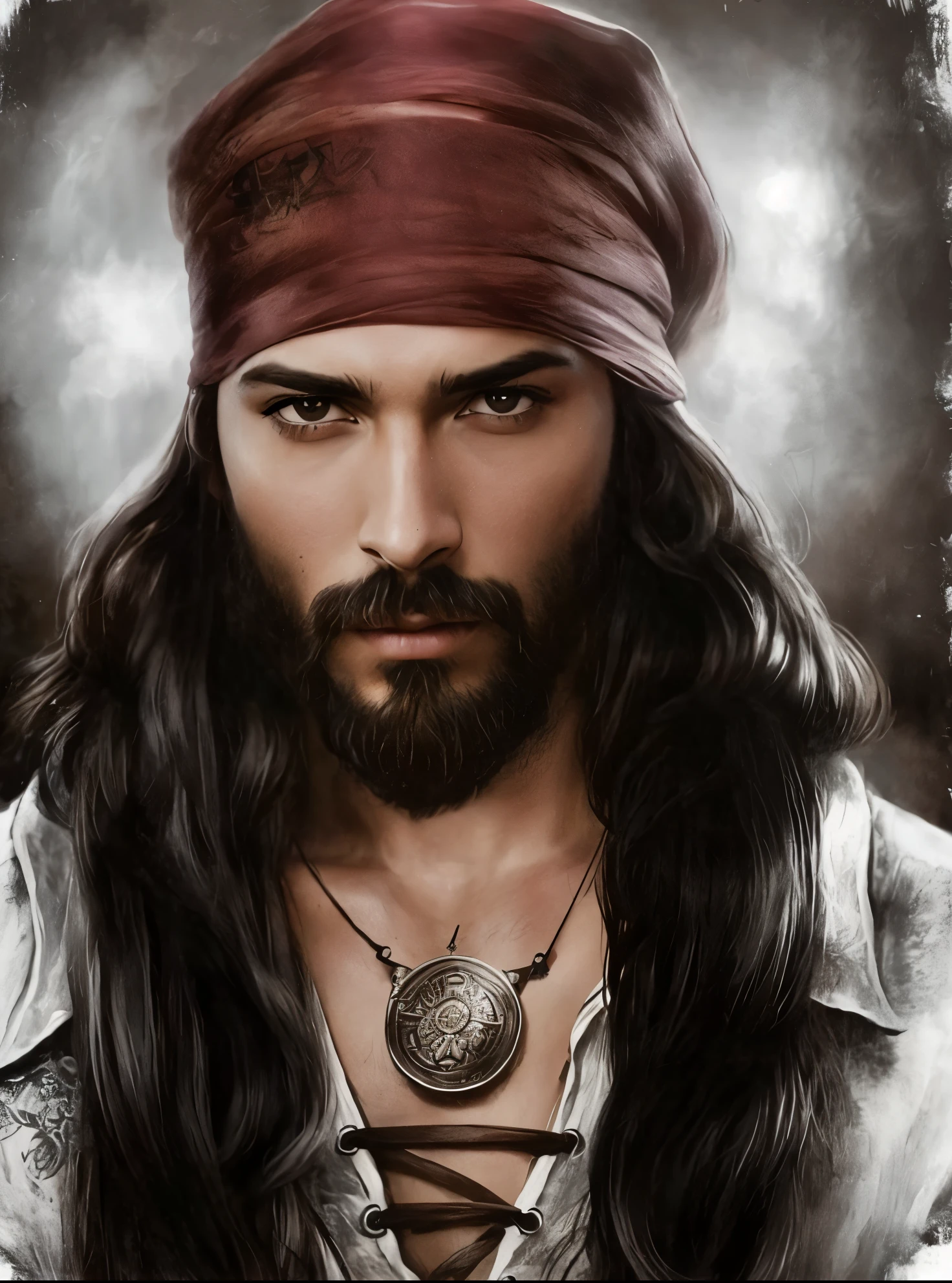 a cinematic humanized hyperrealistic image of a handsome man with long hair and a beard, handsome prince of persia, retrato pirata, um pirata, barba preta, Jack Pardal, captain jack sparrow, fan art, inspirado em Volkan Baga, portrait of bedouin d&d, um retrato do personagem, pirata, retrato de alta qualidade, personagem do filme, pintura de personagem bonita