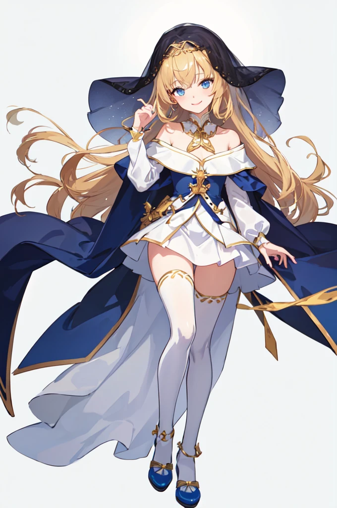 solo, gold hair, long hair, white Veil, pretty, saint, Off-shoulder top,short, b cup breasts, white skirt, white panties, blue eyes, detail eyes, happy, smile, anime, white thigh-highs, blue shoes, ((Best Quality)), ((Masterpiece Work)), (Detailed), fullbody, loraeyes, white background