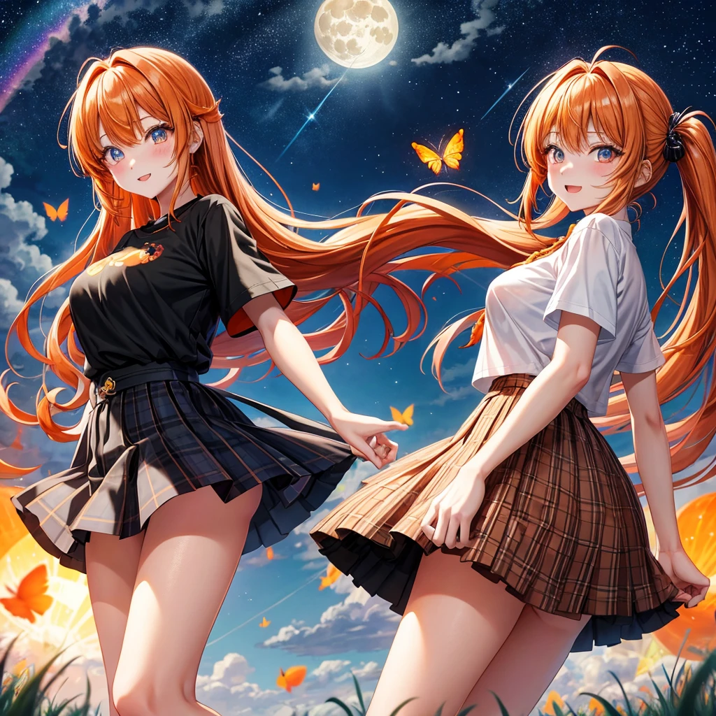 Orange hair、poneyTail、verd s eyes、one good looking girl、独奏、animesque、lightly dressed、Plaid miniskirt、a black T-shirt、grass field、fullmoon、Meteor swarm、Glittering starry sky、rainbow erfly flying、Colorful marbles