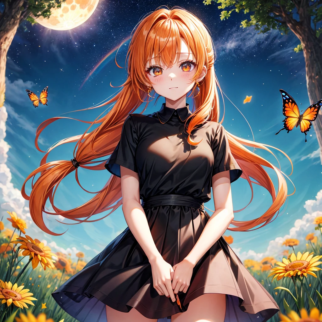 Orange hair、poneyTail、verd s eyes、one good looking girl、独奏、animesque、lightly dressed、Plaid miniskirt、a black T-shirt、grass field、fullmoon、Meteor swarm、Glittering starry sky、rainbow butterfly flying、Colorful marbles