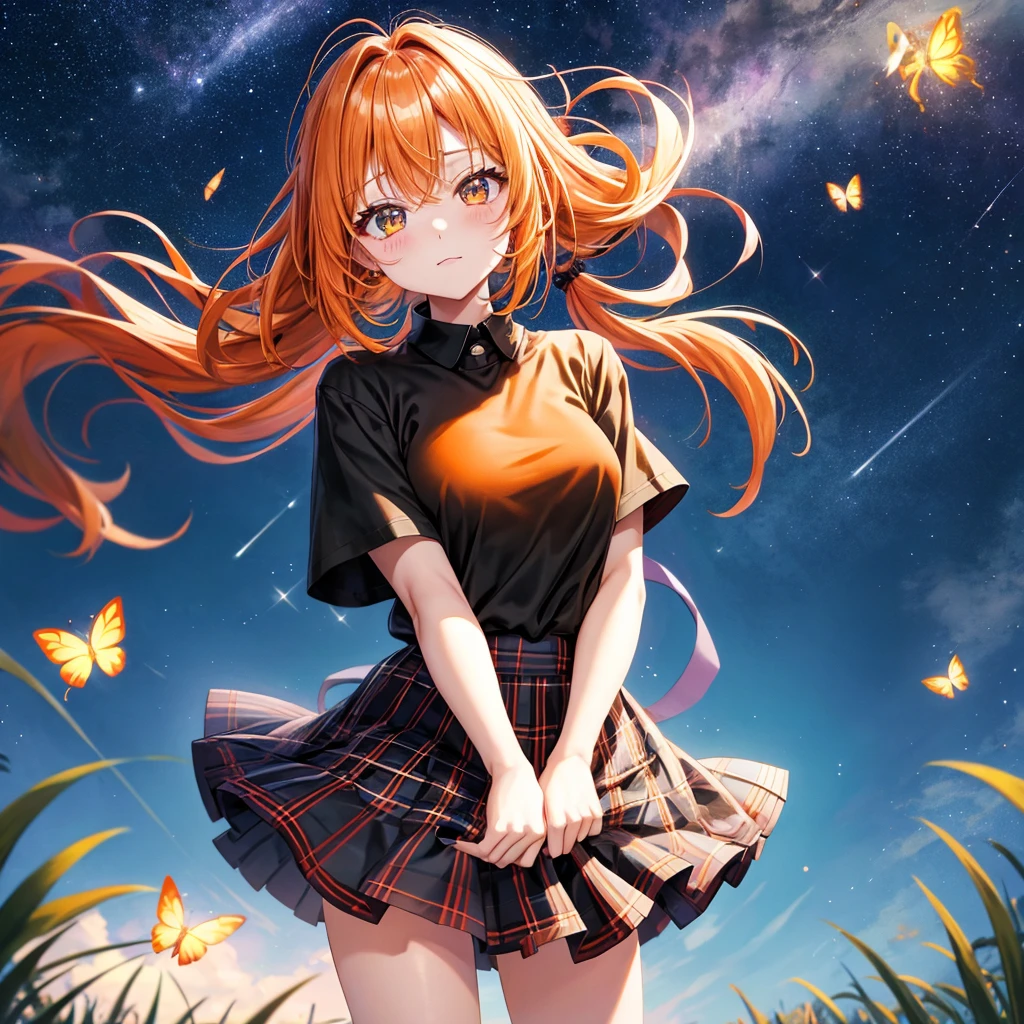 Orange hair、poneyTail、verd s eyes、one good looking girl、独奏、animesque、lightly dressed、Plaid miniskirt、a black T-shirt、grass field、fullmoon、Meteor swarm、Glittering starry sky、rainbow butterfly flying、Colorful marbles