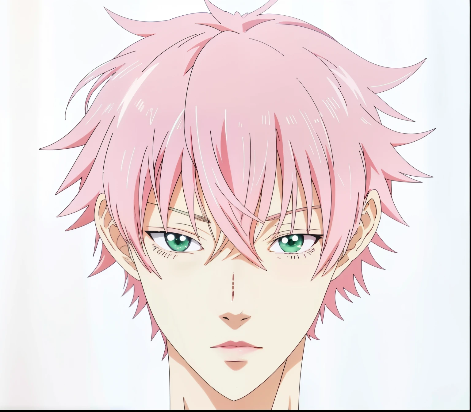 Anime image of a man with pink hair and green eyes, Male anime character, inspiriert von Okumura Togyu, Big anime guy with blue eyes, Semi-realistischer Anime, inspiriert von Okumura Masanobu, Detailliertes Anime-weiches Gesicht, orange - haariger anime-junge, Junger Anime-Mann, Er hat einen durchdringenden Blick, Perfektes Anime-Gesicht, Sasoura, green eyes, light green eyes, ohring am linkem ohr, blauer ohring im linkem ohr, lange wimpern