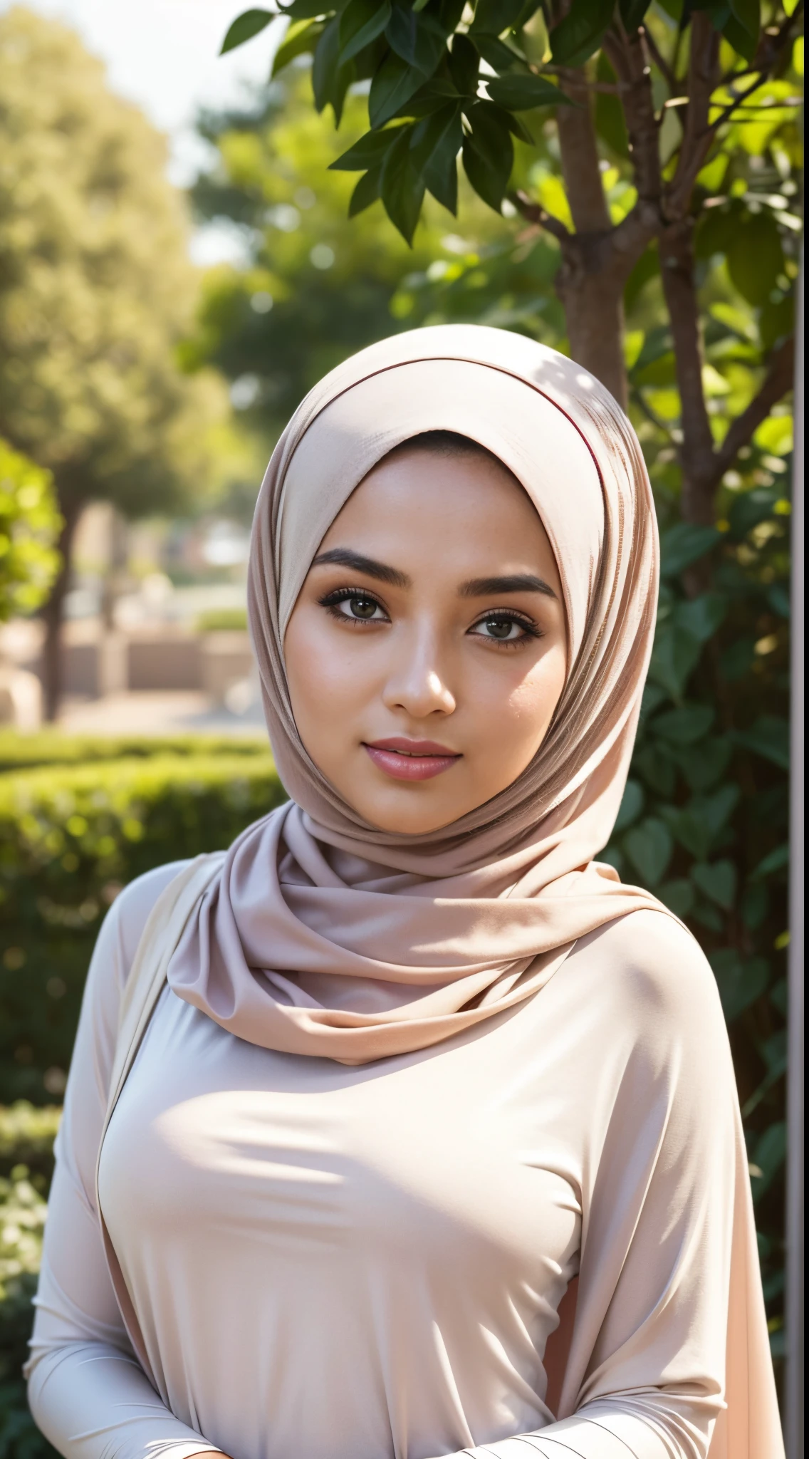 RAW, Best quality, high resolution, masterpiece: 1.3), beautiful Malay woman in hijab,Masterpiece, perfect slim fit body, (Huge breasts), big gorgeous eyes, Soft smile,woman wearing a hijab and a white shirt, white hijab, feminine in cute pastel shades, shawl, with lovely look, hijab ,Delicate turtleneck, necklace, shairband, afternoon walk, City garden, Excellent lighting, Bright colors, Clean lines