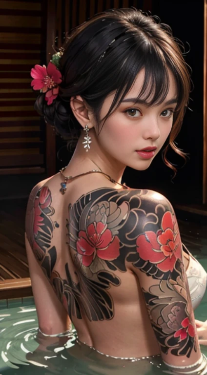 (best quality,highres:1.2), (photorealistic:1.4),low angle portrait, seen from back, bare yakuza girl soaking in onsen at natural hot spring,look at viewer,detailed face,beautiful detailed brown eyes,beautiful detailed lips,seductive smile,eyebrows well-groomed,long eyelashes,clear skin ,natural blush,slim body posture, exposed shoulder,intricate detailed and vibrant irezumi tattoo on back body,elegant and intricate jewelry,delicate necklace and earrings,traditional hair accessories,short hair with bangs,shiny gemstones,soft and flawless makeup,soft and natural lighting,subtle shadows on the face,radiant and vibrant colors,photorealistic rendering, photon mapping, foggy and dramatic atmosphere