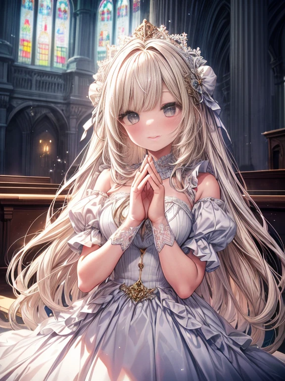 In front of the altar of a majestic church、(blurry backround)、brightened light、golden long hair girl、Classic White Wedding Dresses、(elegant luster)、((Lots of races))、lots of ribbons、(((voluminous puff sleeves)))、long cuffs with many buttons、golden embroidery、Long Train、white embroidered gloves、(((((5 fingers)))))、A smile、Redness of the cheeks、((stares at the camera))