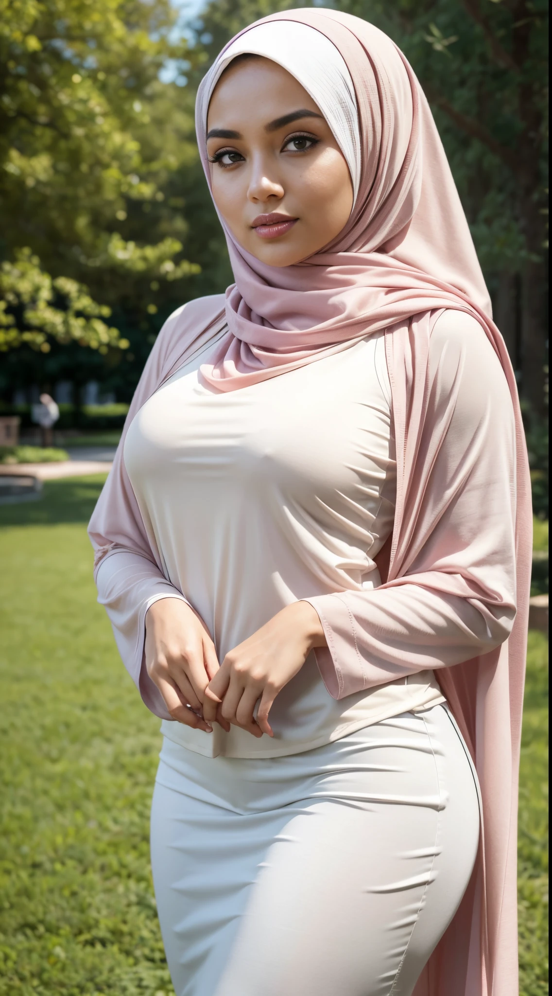 RAW, Best quality, high resolution, masterpiece: 1.3), beautiful Malay woman in hijab,Masterpiece, perfect slim fit body, (Huge breasts), big gorgeous eyes, Soft smile,woman wearing a hijab and a white shirt, white hijab, feminine in cute pastel shades, shawl, with lovely look, hijab ,Delicate turtleneck, necklace, shairband, afternoon walk, City garden, Excellent lighting, Bright colors, Clean lines