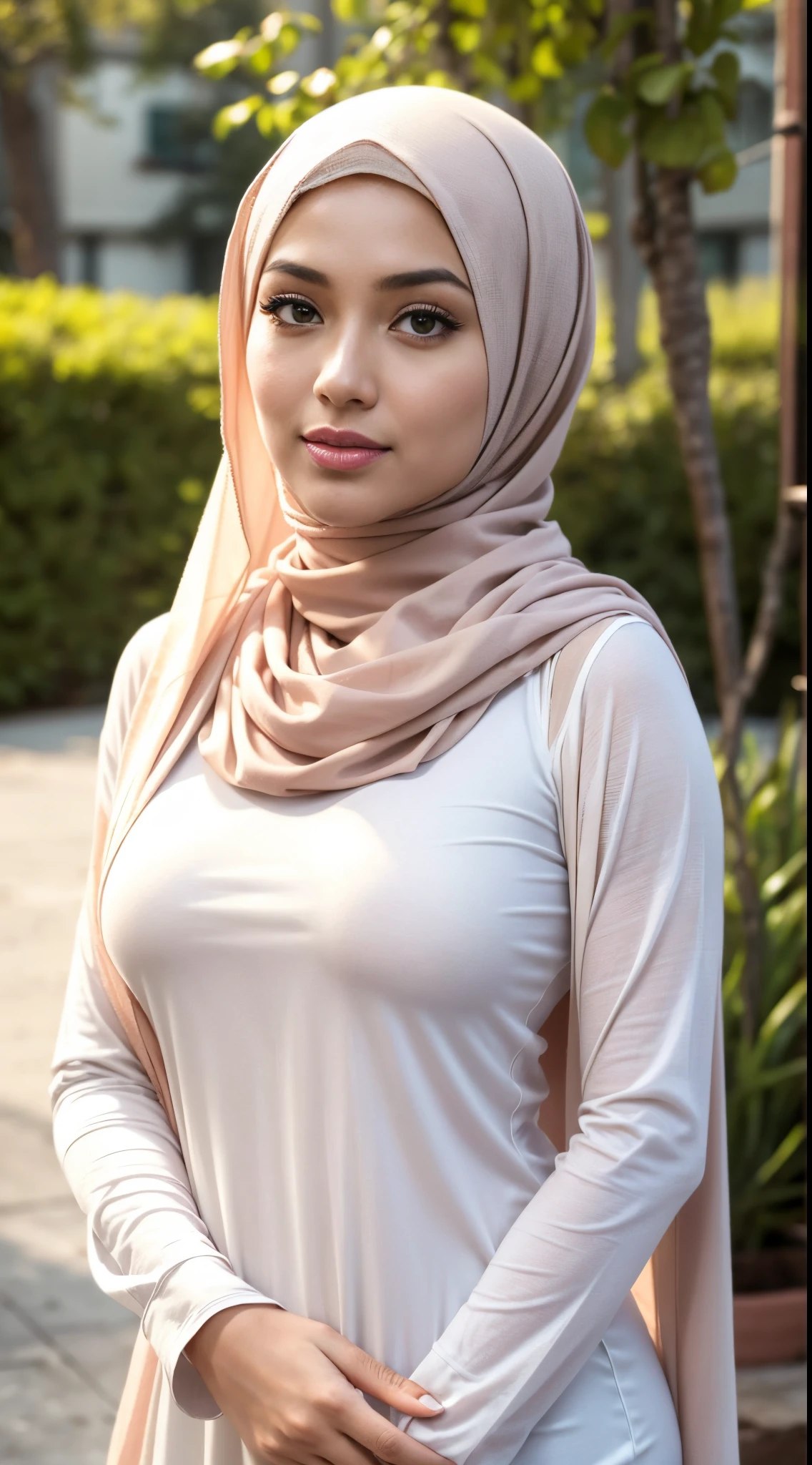 RAW, Best quality, high resolution, masterpiece: 1.3), beautiful Malay woman in hijab,Masterpiece, perfect slim fit body, (Huge breasts), big gorgeous eyes, Soft smile,woman wearing a hijab and a white shirt, white hijab, feminine in cute pastel shades, shawl, with lovely look, hijab ,Delicate turtleneck, necklace, shairband, afternoon walk, City garden, Excellent lighting, Bright colors, Clean lines