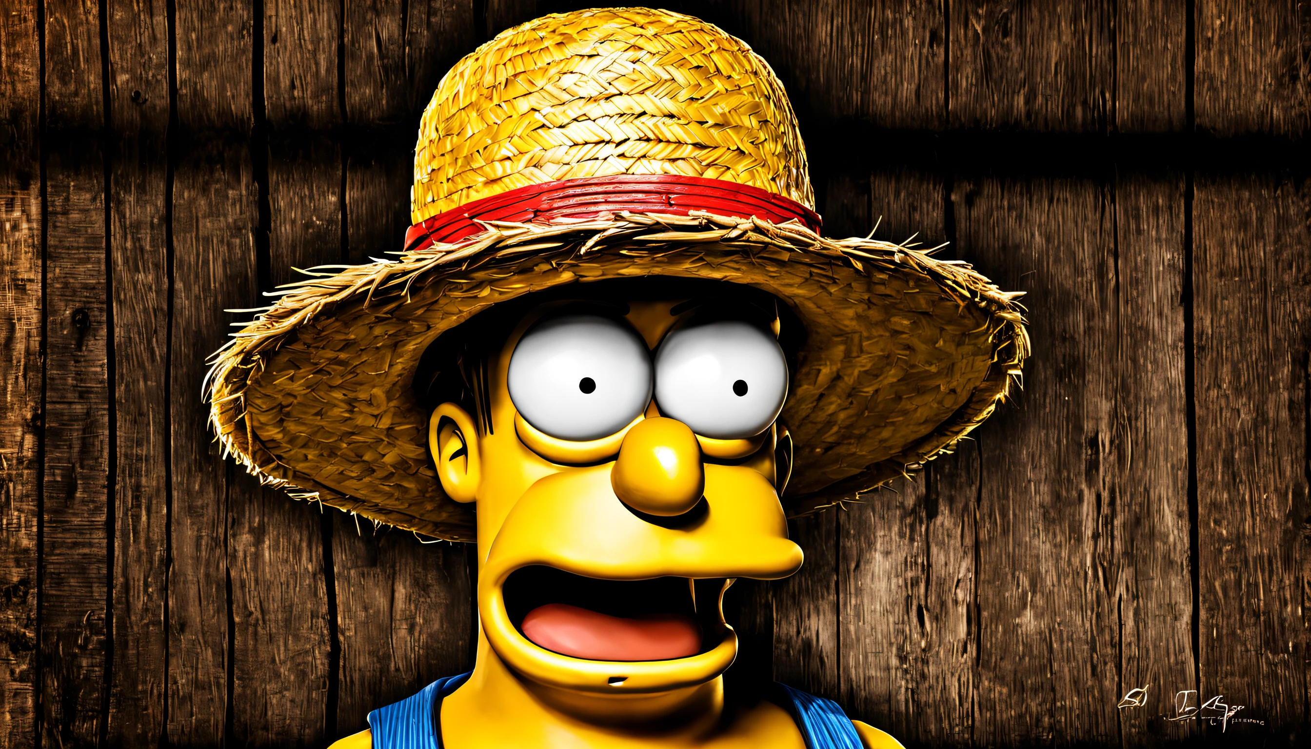 As a Homer Simpson with a straw hat and a cigarette while crossing his arms 